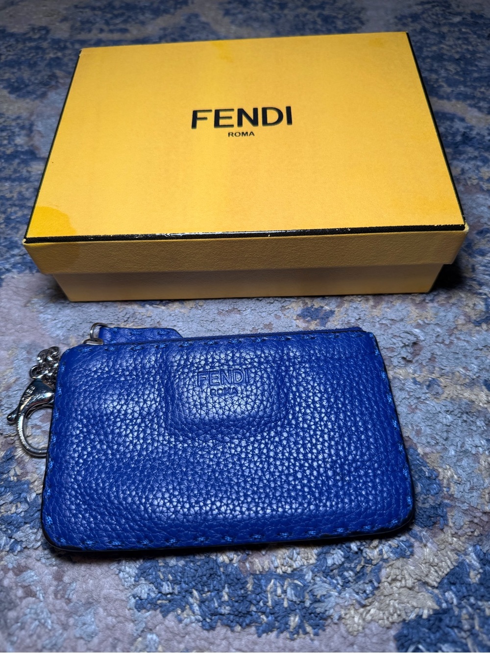 Fendi Royal Blue Pebbled Leather Key & Card Holder with Key Ring